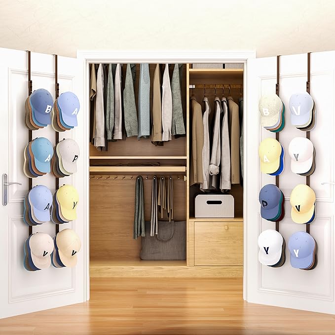 SWTYMIKI Over Door Hat Organizer - 4 Packs Metal Hanging Hat Rack with 16 Hooks Design, Baseball Cap Hanger Organizer Storage