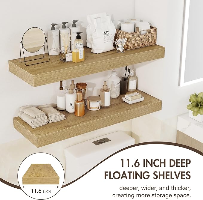 48 Inch Floating Shelves, 12" Deep Floating Shelf Wall Mounted, 48" Wall Shelves, Rustic Deep Bookshelf, Extra Deeper & Thick