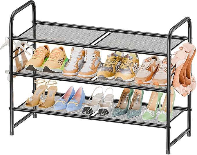 SUFAUY 3-Tier Mesh Shoe Rack, Closet Metal 33" Wide Shoe Shelf Heavy Duty, Black