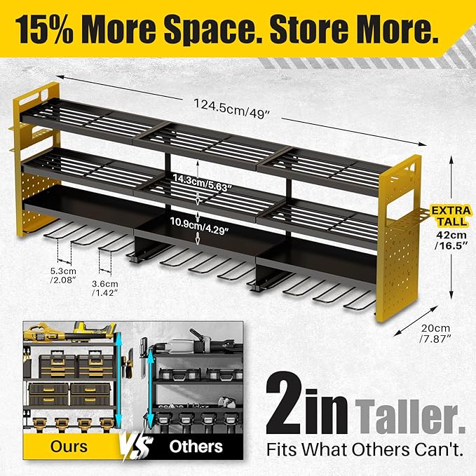 Large 49''W Power Tool Organizer Wall Mount | 620lbs Garage Storage Rack with 12 Cordless Drill Holder | 4-Tier Heavy Duty Ut