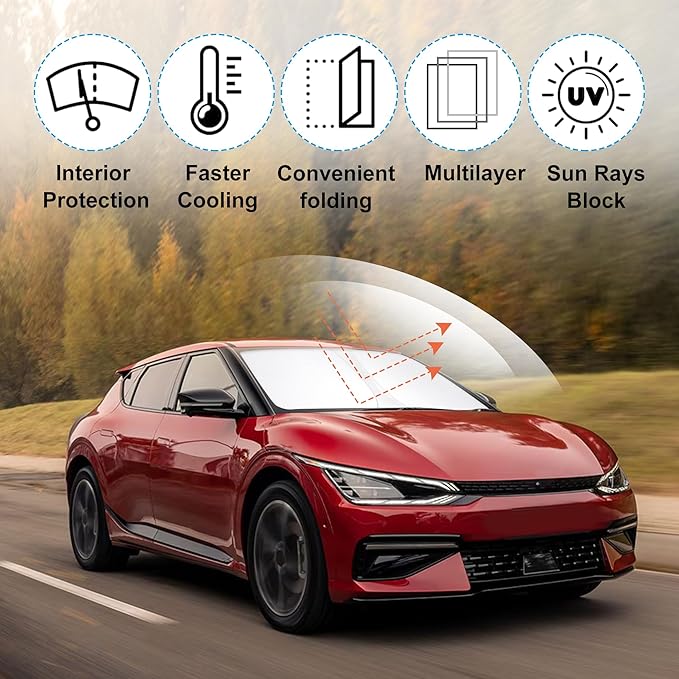 Front Windshield Sun Shade Foldable Car Front Window Sun Shade Windshield Shade Custom Fit for 2022-2026 Kia EV6 Block UV Rays Accessories Heat Keep Cooler