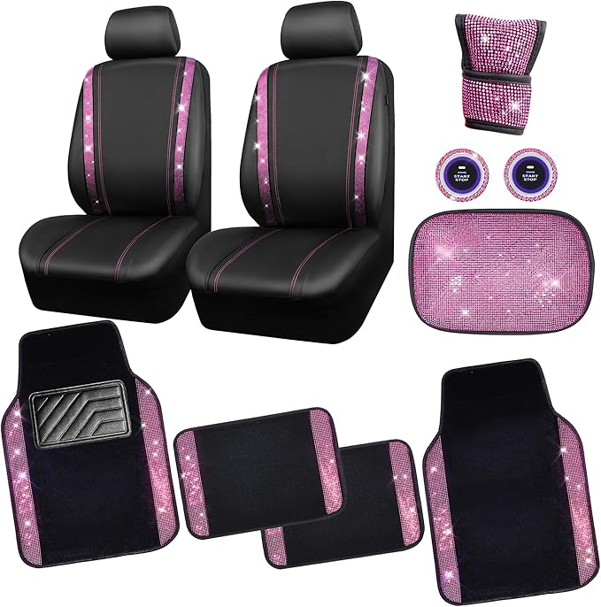 CAR PASS Bling Rhinestone Car Seat Covers Leather Shining Diamond Car Floor Mats Carpet with Anti-Slip Nibs Bling Diamonds Ca