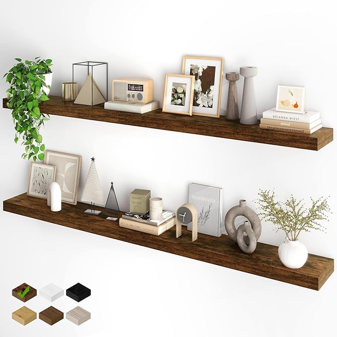 Fun Memories 66 Inch Fireplace Mantel - Long Floating Shelf, Wall Mounted Farmhouse Display with Invisible Heavy Duty Metal B