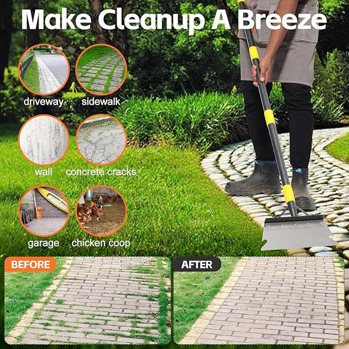 Floor Scraper Long Handle - Weed Scraper Tool,Multifunctional Garden Cleaning Flat Shovel,Heavy Duty Metal Sharp Blade for Lawn Edging,Sidewalk Weeding,Driveway Steps Snow Shovel Ice Removal 60"