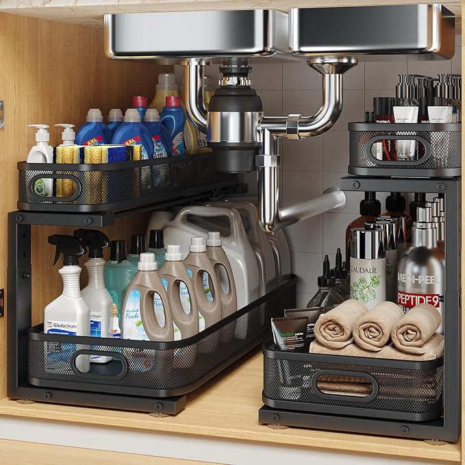 2 Pack 21.3IN-Depth Under Sink Organizer with Smooth Cylindrical Rail,2-Tier Pull Out Multi-Purpose Cabinet Storage for Bathr