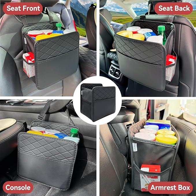 Upgrade Car Seat Organizer Backseat with Storage Pockets, Multipurpose Car Organizer Hanging, Car Trash Bag Can,Premium PU