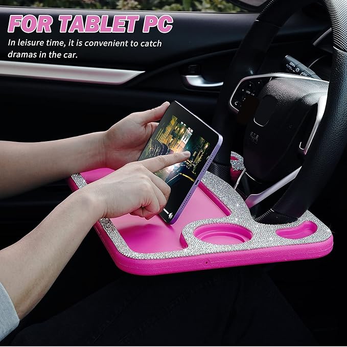 eing Bling Auto Steering Wheel Desk, Laptop,Tablet, Notebook Car Travel Table, Food Eating Hook On Steering Wheel Tray, for Constant Travelers, Fits Most Vehicles Steering Wheels, White+Rose Red
