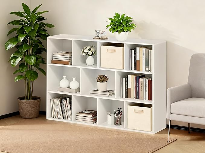 Whitmor 11 Cube Storage Organizer, 4 Tier Stackable Bookcase, Open Storage Display Bookshelf, Storage Cabinet for Living Room