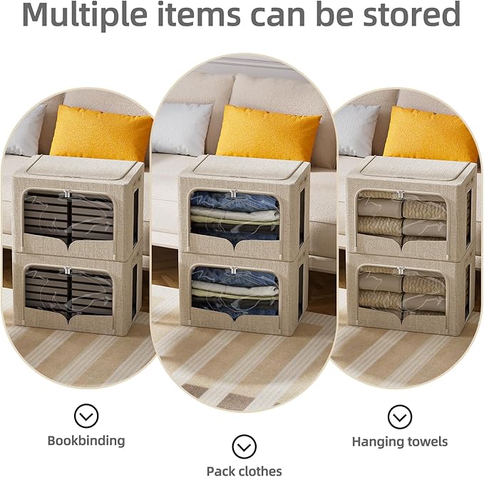 FHSQX 3 Pack Clothes Storage Bins - Foldable Metal Frame Storage Box - Stackable Linen Fabric Container Organizer Set with Ca