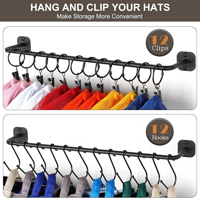 Hat Rack Wall Mount 24 Baseball Caps, Modern Metal Hook with 12 Clips and 12 Hooks Holder Storage Display for Closet Bedroom 