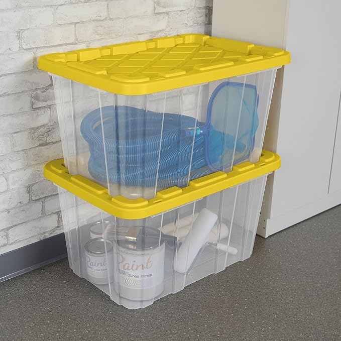 Sterilite 4-Pack Industrial Storage Box, Plastic Container Bins w/Lids, 27 Gallon, Yellow - Heavy-Duty Organizing Containers 
