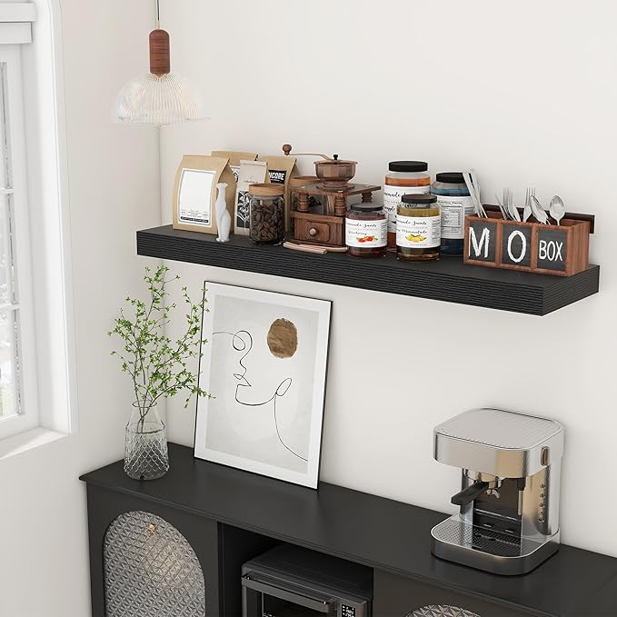 48 Inch Black Floating Shelf | 12 Inch Deep Floating Shelves Set of 1 | 48" D x 12" D Rustic Wood Shelves for Wall | Deep Bla