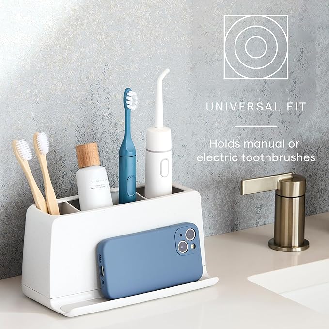 YouCopia The Ledge Toothbrush Holder, 3-Slot, Bathroom Vanity Counter Organizer with Cord Slots, Removable Base and Storage f