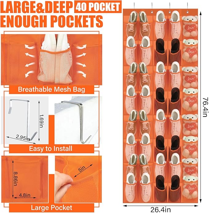 Windyun 40 Over the Door Shoe Organizer Large Mesh Pocket Hanging Shoe Rack for Closet Orange Nonslip Behind Door Storage Hol