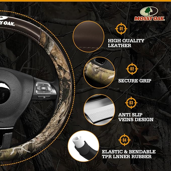 Mossy Oak Camo Steering Wheel Cover, Durable Grip Car Steering Cover, Universal Fit 14.5"–15.5" - Made with Premium Brown PVC