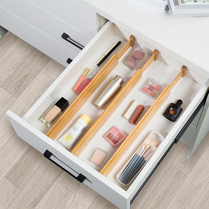 VaeFae Adjustable Bamboo Drawer Dividers, Expandable Drawer Organizer for Kitchen, Bedroom, Bathroom, Dresser and Office, 6-P