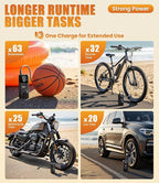 Portable tire inflator in use on motorcycle tire showing longer runtime and larger capacity
