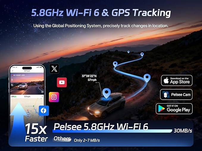 Pelsee S3 Touch 4K Dash Cam Front and Rear, STARVIS 2 Sensor, STARLIT™ Full Color Night Vision, 128GB Card, WiFi 6, ADAS, Das