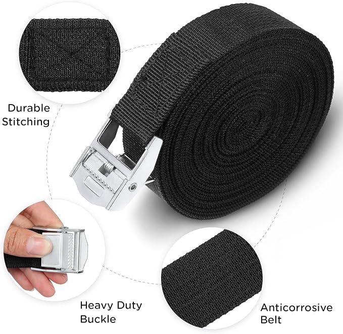 Riakrum 15 Pack 12 Feet Lashing Straps Adjustable Kayaks Tie Down Cam Buckle Straps with Buckles up to 250lbs for Cargo, Luggage, Motorcycles, Truck, Car Roof Rack, Sup Surfboard(Black)