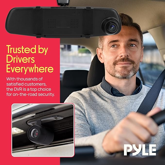 Pyle Dash Cam Rearview Mirror - 4.3” DVR Monitor Rear View Dual Camera Video Recording System in Full HD 1080p w/Built in G-S