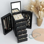 Meangood Jewelry Box Wood for Women, 6-Layer Large Organizer Box with Mirror & 5 Drawers for Rings, Earrings, Necklaces, Vint