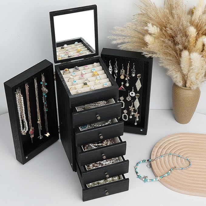 Meangood Jewelry Box Wood for Women, 6-Layer Large Organizer Box with Mirror & 5 Drawers for Rings, Earrings, Necklaces, Vint