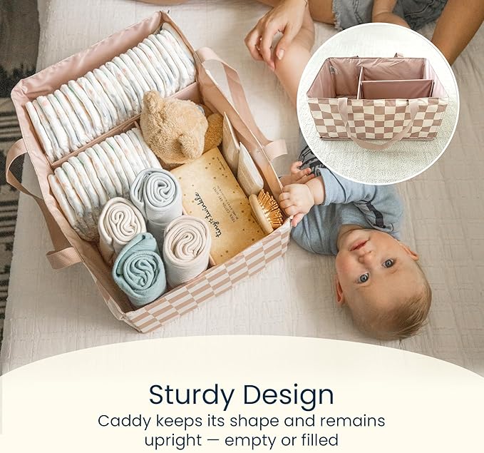Tiny Twinkle Diaper Caddy Organizer | Foldable Baby Storage Basket with Removable Divider | Waterproof & Mess-Proof Fabric, P