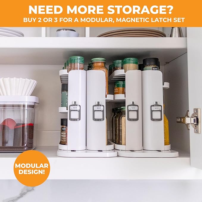 Cabinet Caddy SNAP! Spice Rack Organizer for Cabinet - Slide & Rotate Seasoning Organizer - 4 Snap-In Adjustable Shelves for 