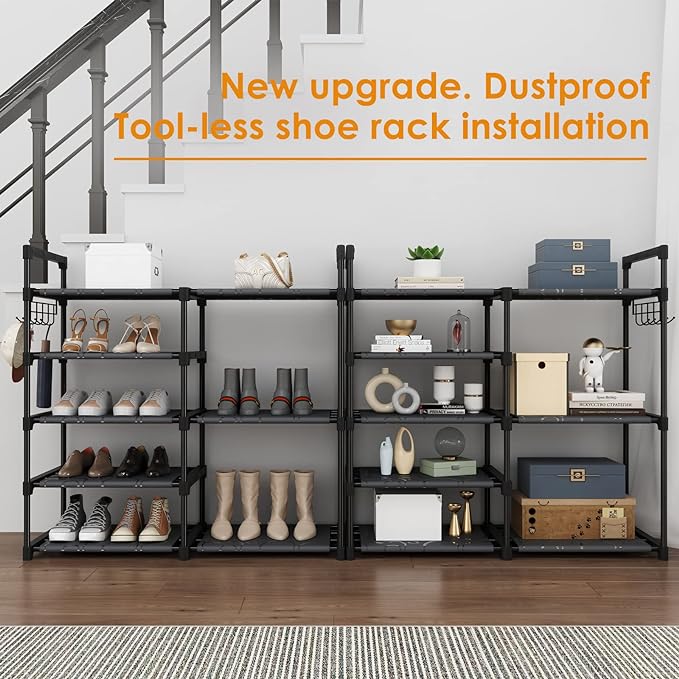 CSXGBAB Black Tubes Closet Shoe Rack, Boot Rack, 5 Tier Oxford Fabric Shelf, Easy Assembly, Sturdy and Durable, Holds Up to 3