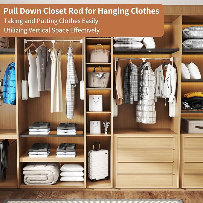 tonchean Heavy Duty Pull Down Closet Rod White, 60 Lbs Load Capacity, Adjustable 33-45 Inch Closet Rods for Hanging Clothes T