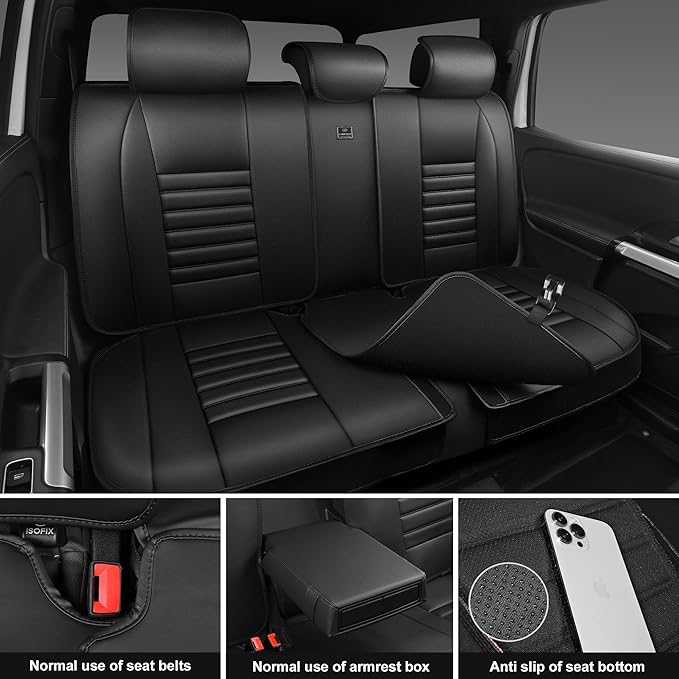 CAR PASS Back Seat Covers, Nappa Leather Rear Seat Bench Cushion Lined Sponge Waterproof Breathable PU Split Back Row Protect