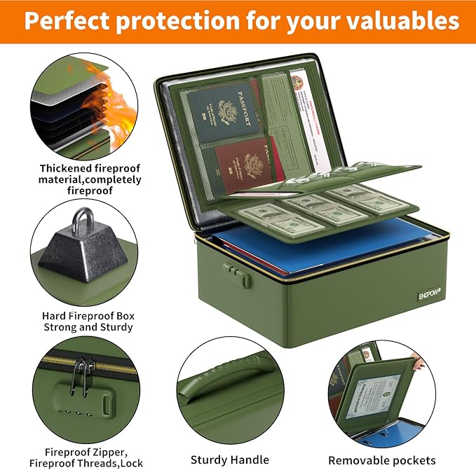 ENGPOW Fireproof Document Box, Hard Fireproof Box with Fireproof Zipper＆Lock, 6400°F Heat Insulated Fireproof Water Resistant
