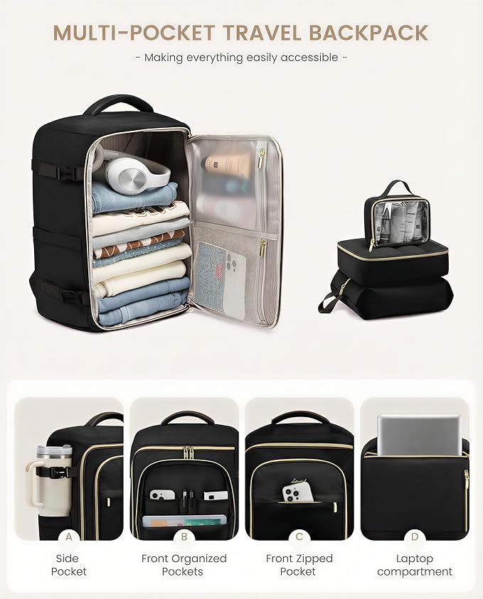 LOVEVOOK 40L Travel Backpack Carry on Flight Approved, Personal Item Bag with 3 Packing Cubes, Travel Backpack for Women Fits