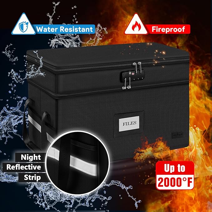ETRONIK Large Fireproof Document Box with Lock, 2 Layer File Organizer, Portable Office Collapsible File Storage with Reflect