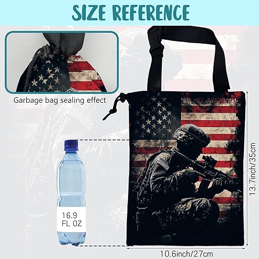 Car Garbage Bag American Soldier Holding Rifle Drawstring Car Trash Bag Hanging for Back Seat with Adjustable Buckle Canvas Vehicle Trash Can Easy-to-Install