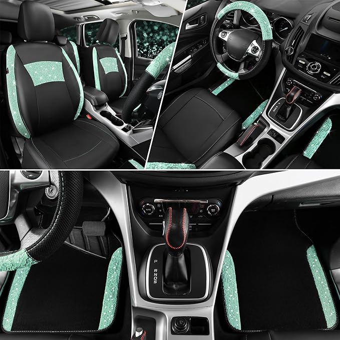 CAR PASS Universal Mint Leather Lace Car Seat Covers Full Set for Women Girls, Waterproof Car Floor Mats Carpet, Glitter Stee