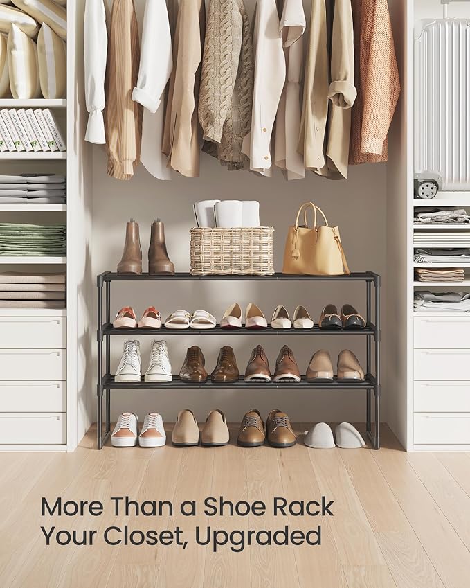 SONGMICS Shoe Rack, 3-Tier Shoe Organizer, Metal Storage Shelf, Upright or Upside Down, for 16-20 Pairs, Stackable, for Entry