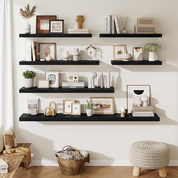 Fun Memories Floating Shelves Set of 2, 40 Inch Long Wooden Wall Shelves, 10 Inch Deep Wall Mounted Storage Shelf with Metal 