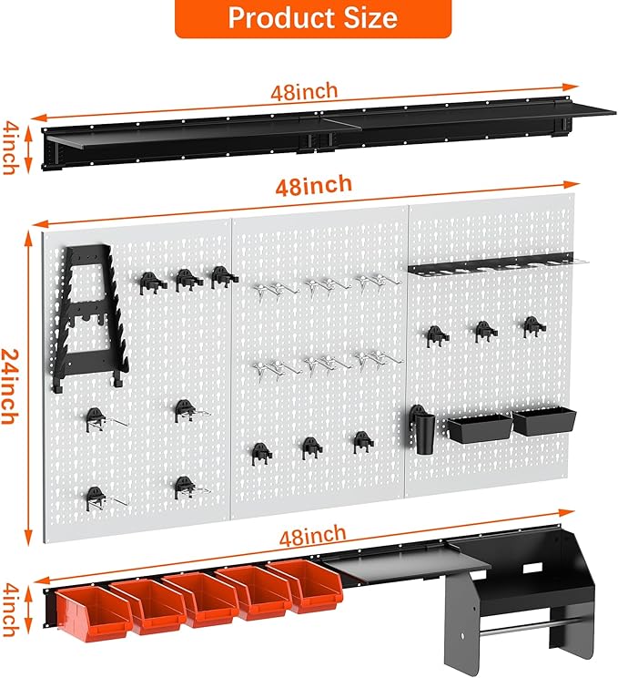 TORACK Pegboard Wall Organizer 4 ft. Garage Metal Pegboard Tool Organizer System, Tools Storage Peg Board Kit with Hooks and 