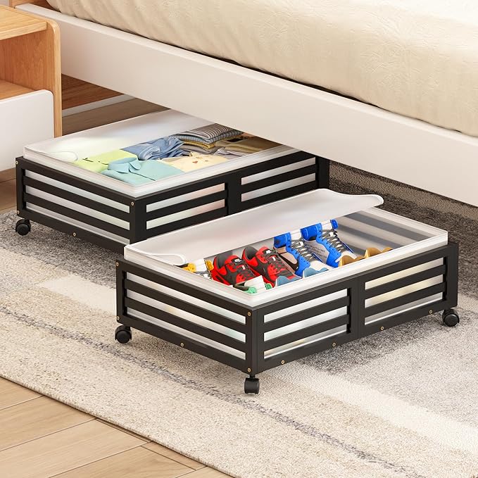 Under Bed Storage Containers With Wheels - 2 Pcs Bamboo Wood Rolling Underbed Shoe Storage Bins With Dust Bags for Clothes Bl