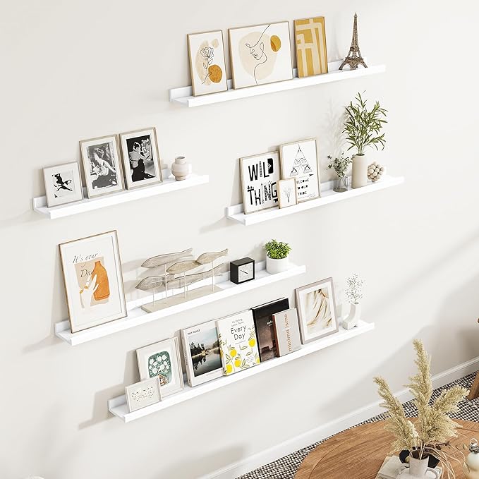 Fun Memories Picture Ledge Shelf, White Floating Shelves Set of 4, 36 Inch Picture Shelves for Wall with Ledge, Large Nursery