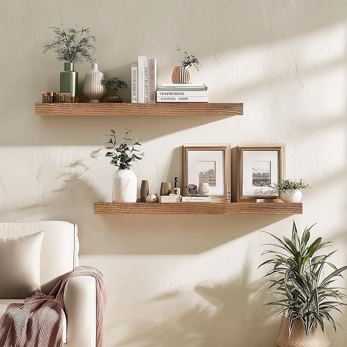 Floating Wall Shelves 30x6.8x1.7 Inch – Solid Wood Rustic Shelves in Dark Oak Finish – Wall Mounted Heavy Duty Display Shelf 