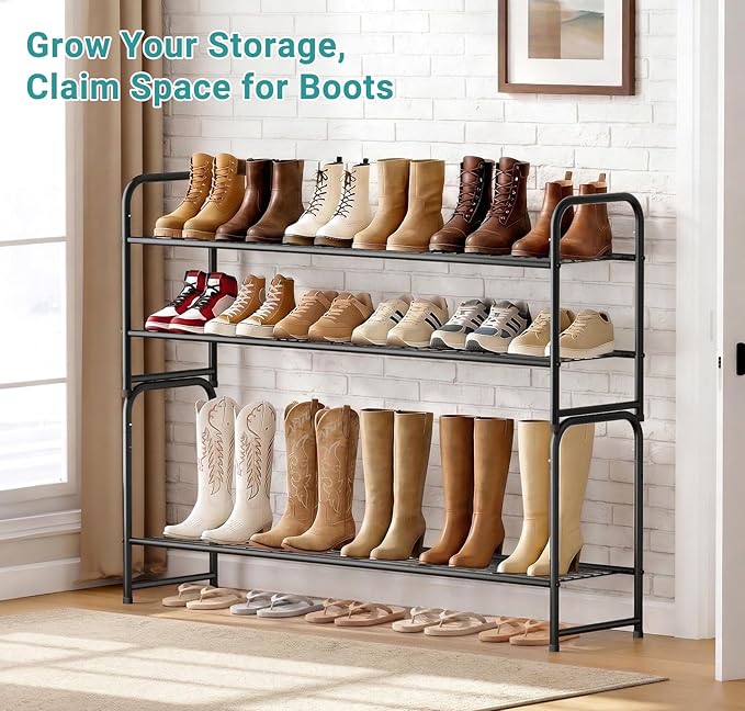 AOODA Long 2 Tier Shoe Rack for Closet Metal Wide Stackable Shoe Storage Organizer for Entryway, Bedroom, Floor, 18-Pairs Low