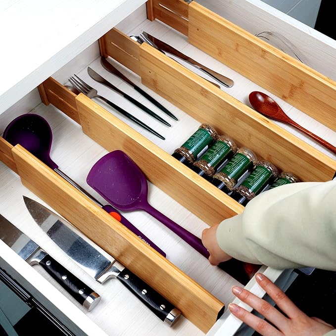 Utoplike Bamboo Drawer Dividers Large, 4'' High Adjustable Kitchen Drawer Organizers for Clothing, Spring Loaded, Works in Ba