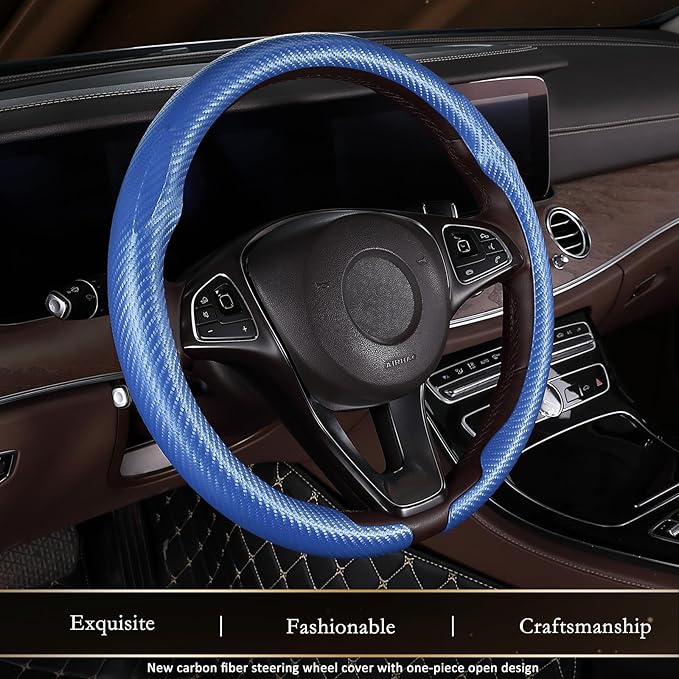 Aimato Car Steering Wheel Cover Carbon Fiber, Ultra-Thin Car Steering Wheel Cover,Comfortable & Breathable Microfiber,Universal Fit for Most Cars, Matte Blue