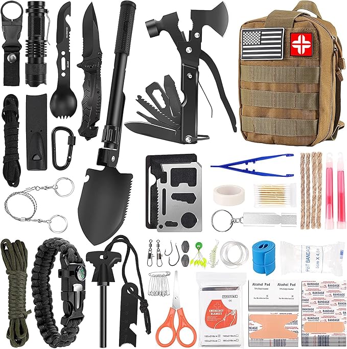 Emergency Survival Kit and First Aid Kit, 142Pcs Professional Survival Gear and Supplies Equipment with Molle Pouch, Gift for