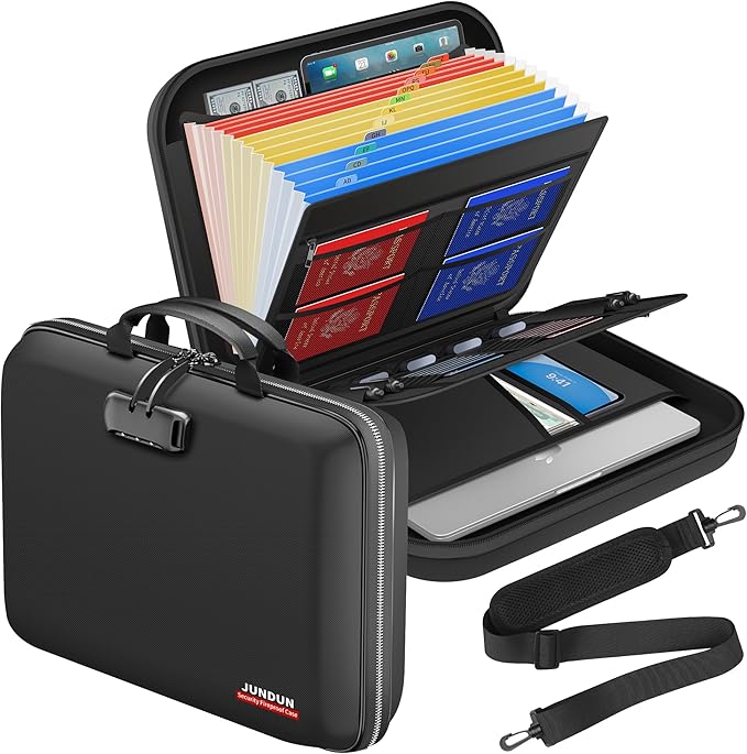 JUNDUN Fireproof Document Box with Lock & Shoulder Strap,Hard Shell Case Document Organizer with 13 Pockets Accordion File Or