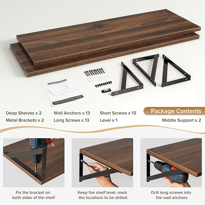 Deep Floating Shelves Wall Mounted, 36"x12" Walnut Wall Shelves with Brackets Set of 2 for Bedroom, Living Room, Bathroom, Ki