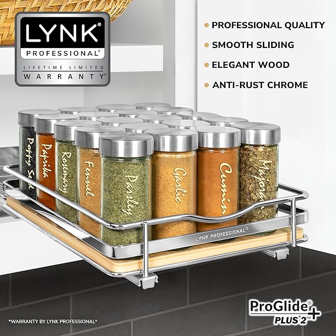 LYNK PROFESSIONAL® Élite™ Pull Out Spice Organization for Cabinets - 8-3/8 inch Wide – Spice Rack for Inside Cabinets – Wood/