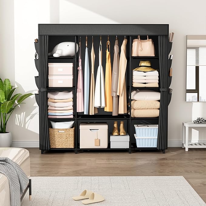 Portable Closet for Hanging Clothes 57.3 Inch Large Capacity Wardrobe Closet with Cover, 8 Pockets and 1 Hanging Rod, Easy As